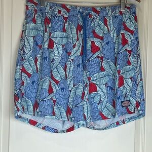 Tropical Blue and Red Leaf Print Men's Swim Trunks